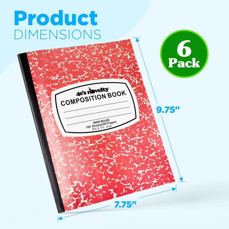 4E's Novelty Wide Ruled Composition Notebooks - Pack of 6- Hard Cover 100 Sheets 9.75" x 7.5" - Red Blue Green Cute Marble Colors, Bulk Compositon Book Wide Ruling, Back to School Supplies - Image 4